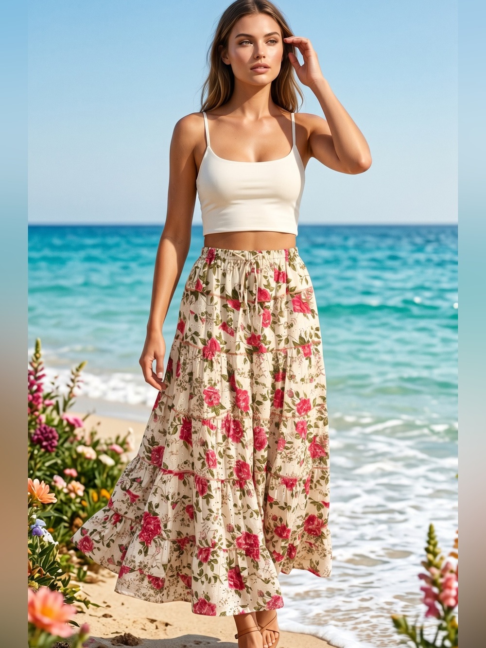 Handmade Floral Eyelet Maxi Skirt - Cream with Pink Roses